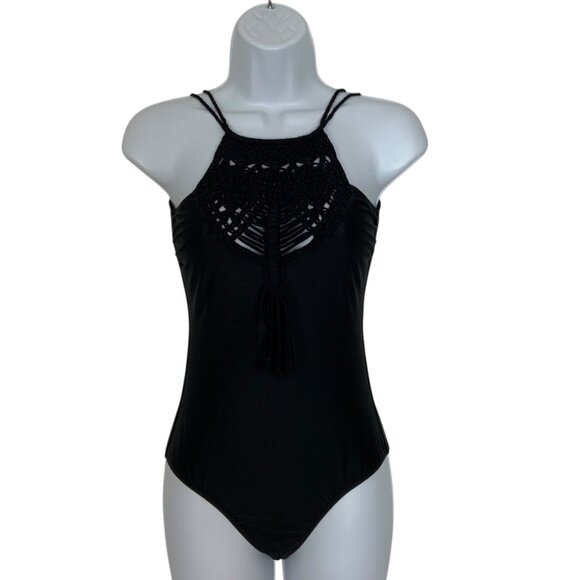 Lenny Niemeyer Crochet Tassel One Piece Swimsuit S Black High Neck Full Coverage - Picture 1 of 12